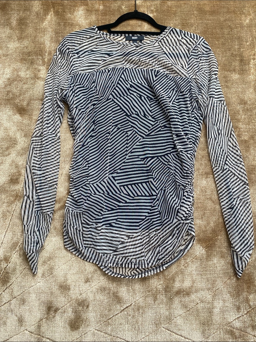 DKNY Black and White mesh Geometric Stripe Long-Sleeve Top